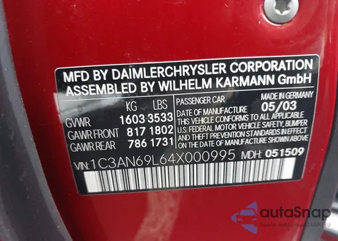 2004 Chrysler Crossfire z USA, uszkodzony, nr VIN 1C3AN69L64X000995